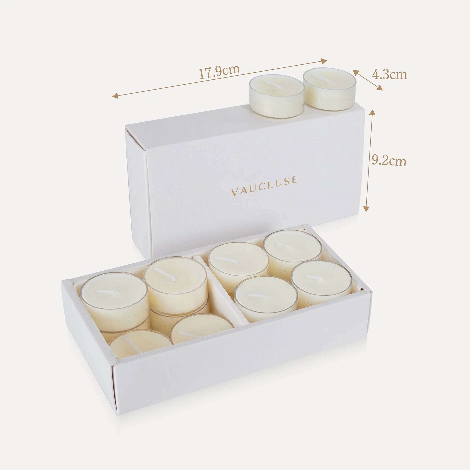Product packaging dimension infographic for Vaucluse tealight candles showing a box length of 17.8cm, width of 4.3cm, and height of 9.2cm.