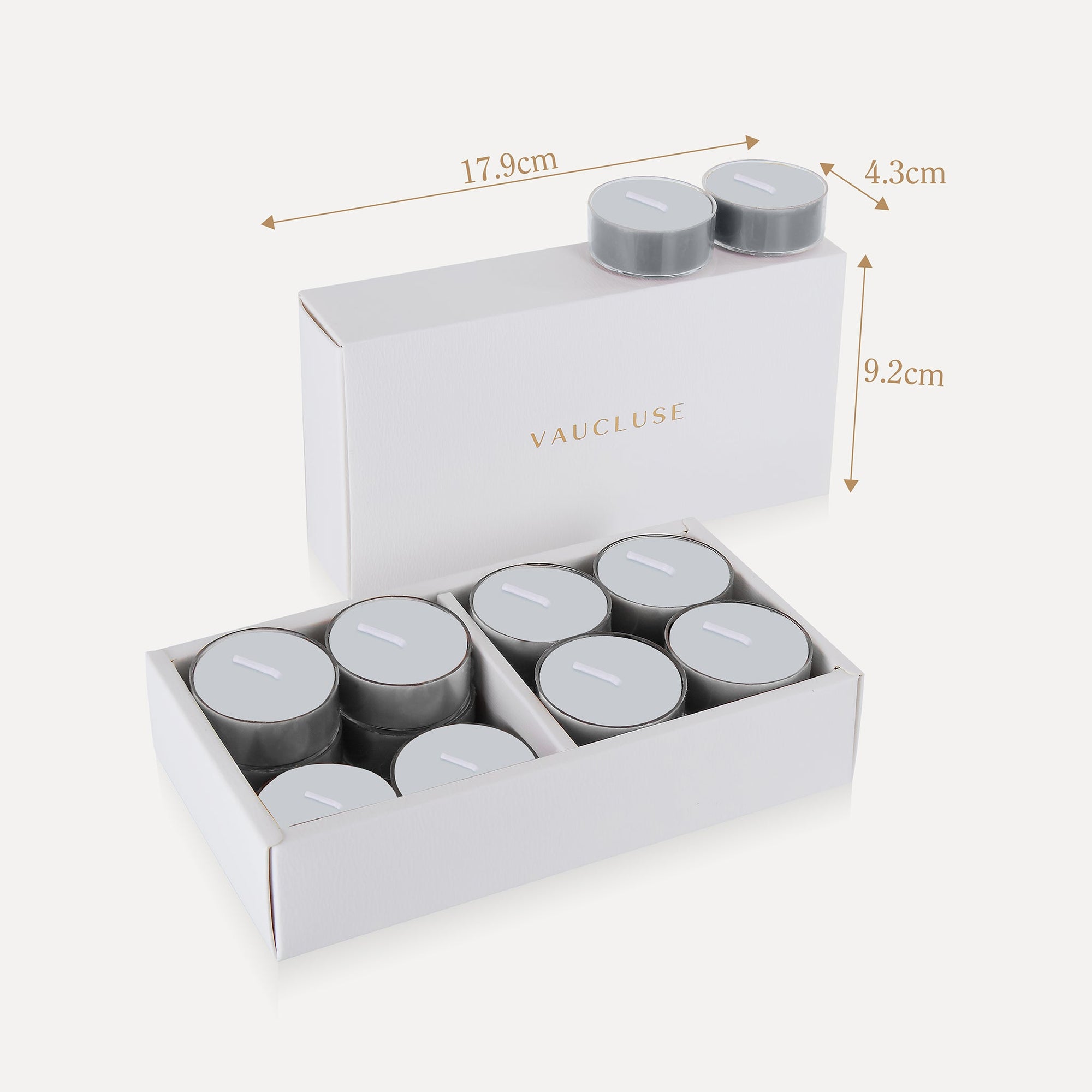 Product packaging dimension infographic for the Vaucluse velvet tealight candles box, indicating a length of 17.8cm, width of 4.3cm, and height of 9.2cm.