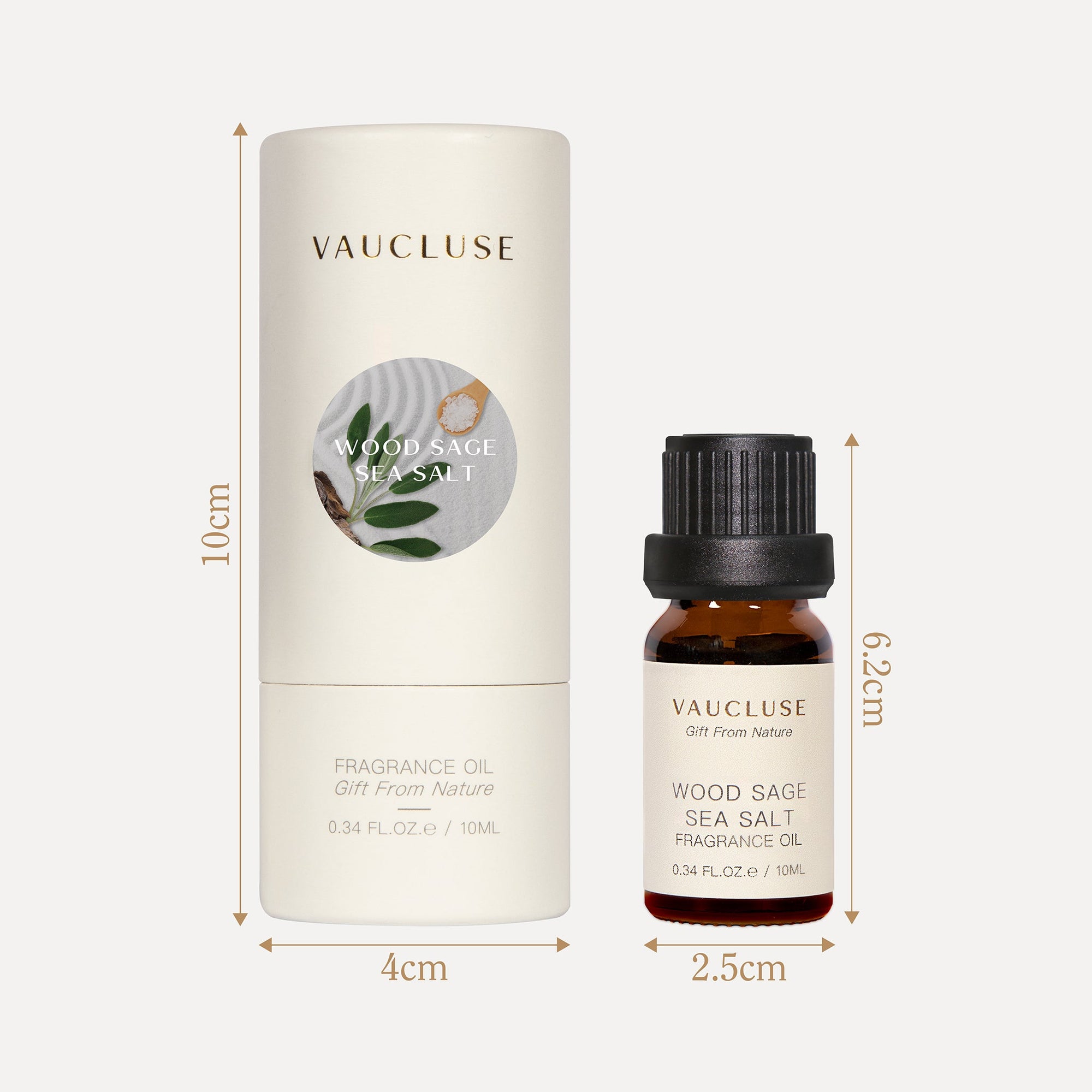 A packaging dimensions graphic detailing the width and height in centimeters for the 10ml Vaucluse wood sage sea salt oil bottle and its matching circular tube box.