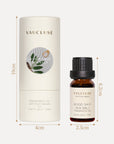 A packaging dimensions graphic detailing the width and height in centimeters for the 10ml Vaucluse wood sage sea salt oil bottle and its matching circular tube box.
