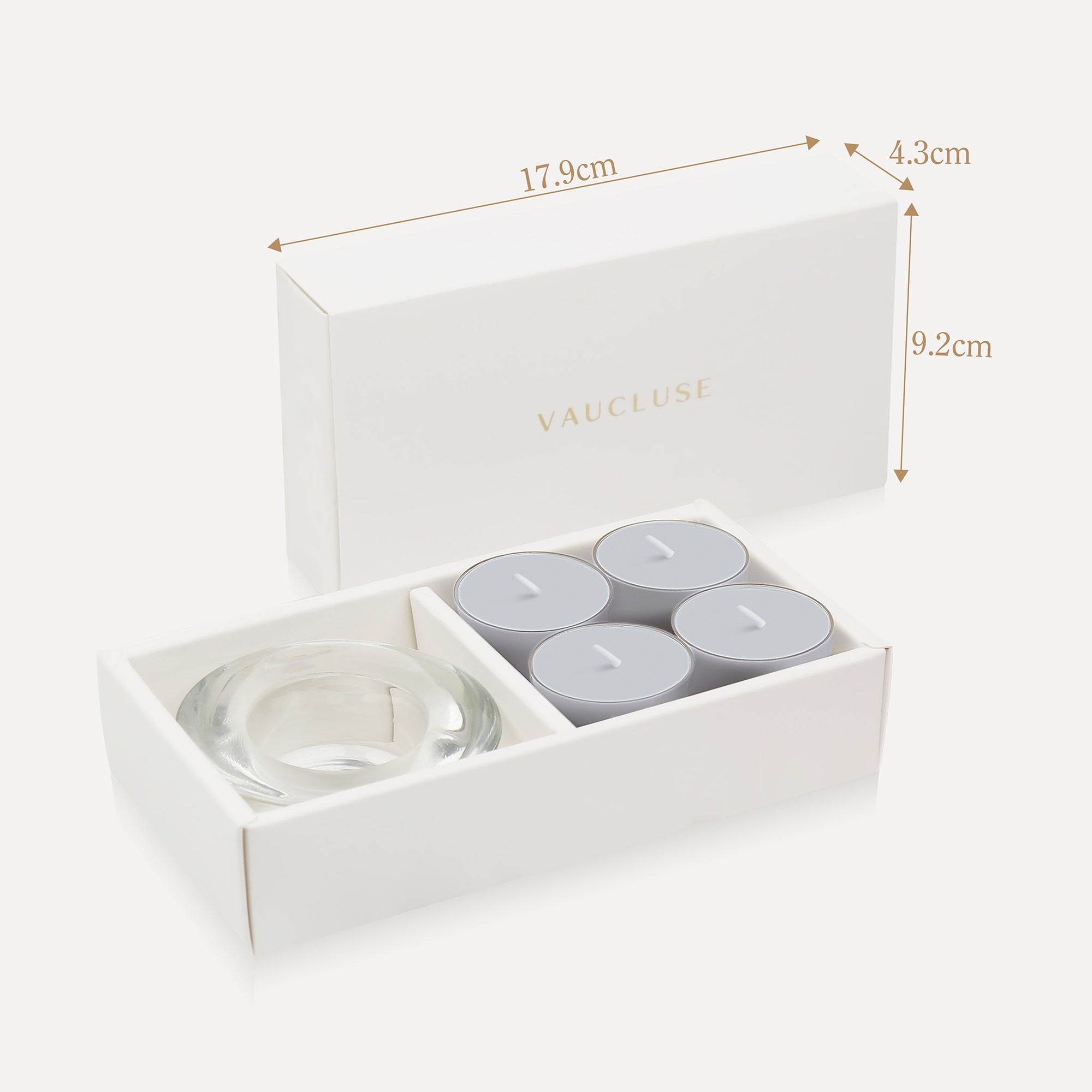 Packaging specification diagram detailing the 17.9 cm length, 4.3 cm width, and 9.2 cm height dimensions for the velvet tealight gift box.